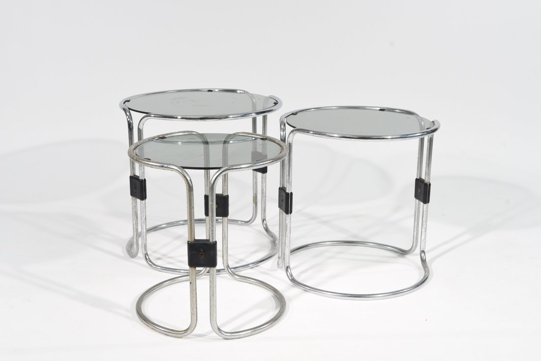 (3) CHROME NESTING TABLES: Dimensions: (largest) H 16.25" x 17" (Diameter); H 15.75" x 15.25" (Diameter); H 15" x 13.75" (Diameter) Condition: Normal wear to two. Rust to smallest.