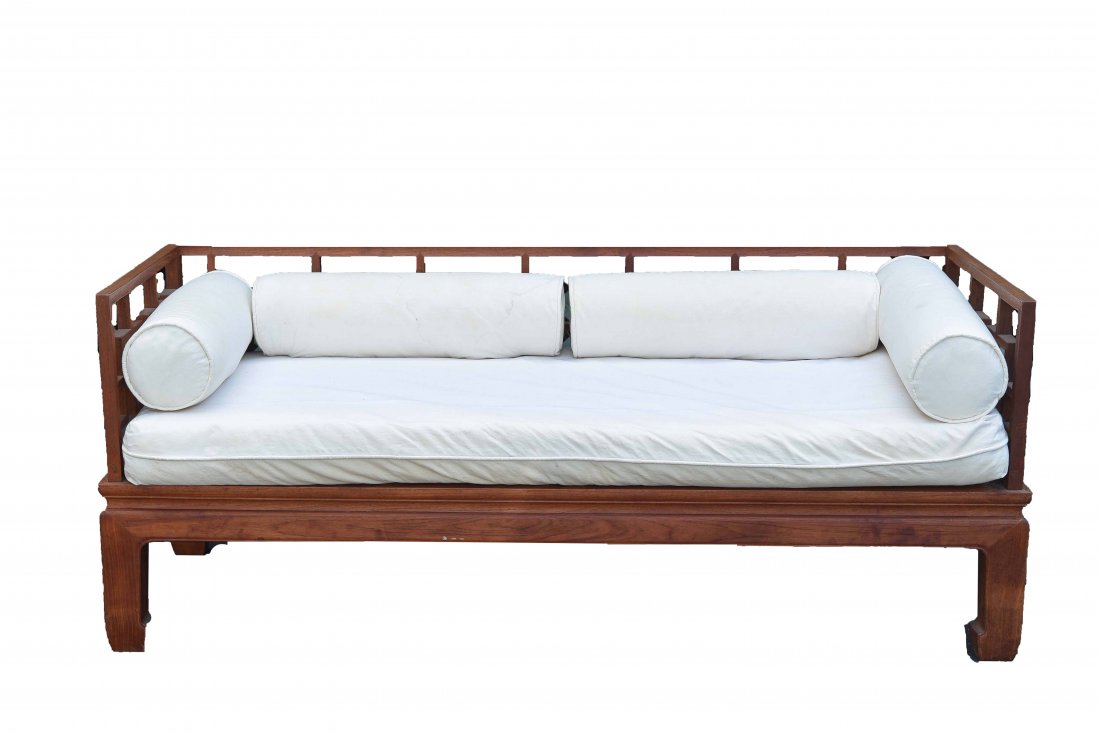 CHINESE CARVED WOOD DAYBED SOFA: Dimensions: H 28.75" x W 70.75" x D 28" Condition: Stains to fabric, needs to be re-upholstered