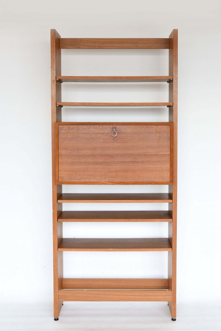 CADO WALL UNIT WITH BAR: Dimensions: H 80" x W 34.25" x D 15" Condition: Some loss to area around drawer attachments from use. Losses/chips.