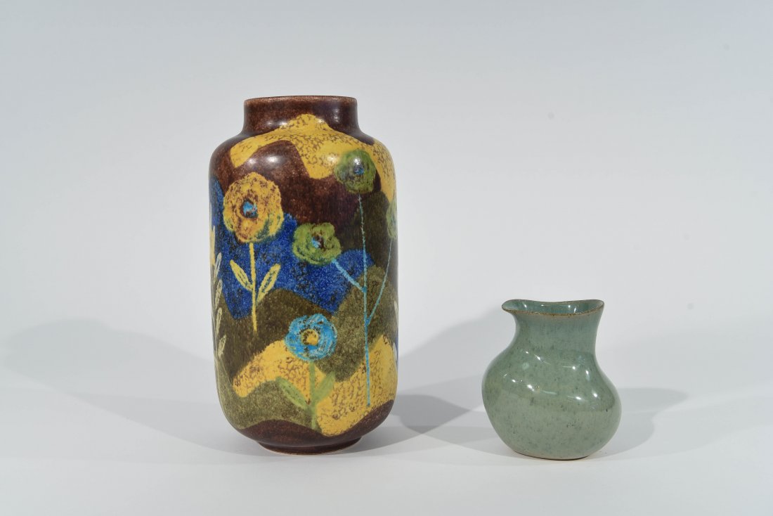 (2) MID CENTURY MARTZ & RAYMOR CERAMIC VASES: Dimensions: H 13" x DIA 7.5" (larger vase) Condition: Slight nick to surface of larger.