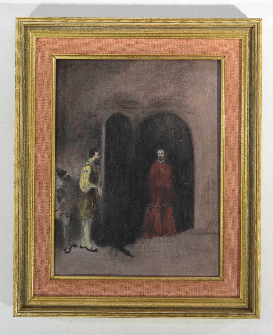 20TH CENTURY ARTIST: Untitled ( three men near a doorway.) Oil on wood panel, not signed Dimensions: Framed H 12" x W9 3/4", wood panel H 9.5" x W 7 1/4"