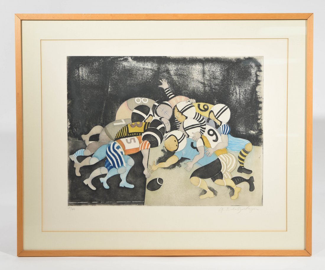 GRACIELA RODO-BOULANGER (BOLIVIAN/AMERICAN 1935 -: FOOTBALL ,1974 Color etching on paper, edition 67/100 and signed lower right. Dimensions: H 24" x W 29", sight H 19" x W 24" Condition: Good.