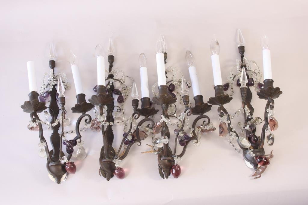FOUR EARLY 20TH C. DROP CRYSTAL SCONCES: Dimensions: L 10" x W 10" x H 19" Condition: good, some crystals have come off and are included