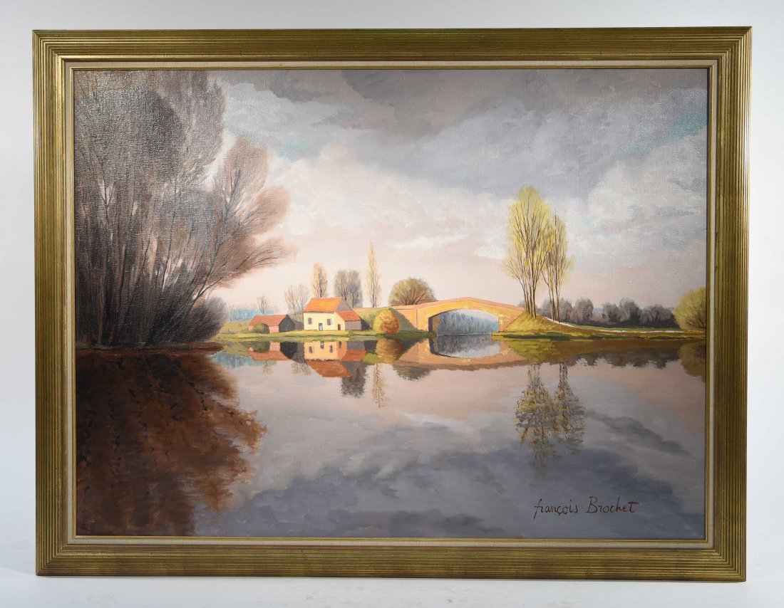 FRANCOIS BROCHET, (FRENCH 1925 -2001): Untitled ( countryside landscape.) Oil on canvas, signed lower right Dimensions: Framed H 44" x W 57", Sight H 38" x W 51"