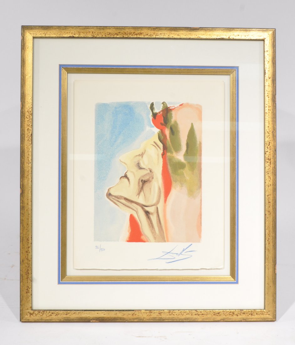 AFTER SALVADOR DALI (SPANISH, 1904-1989): An original color lithograph, "Paradise-Doubting Dante" from his "Divine Comedy" edition, signed bottom right, edition 92/150, Dimensions: H 20" x W 17.5" Condition: good