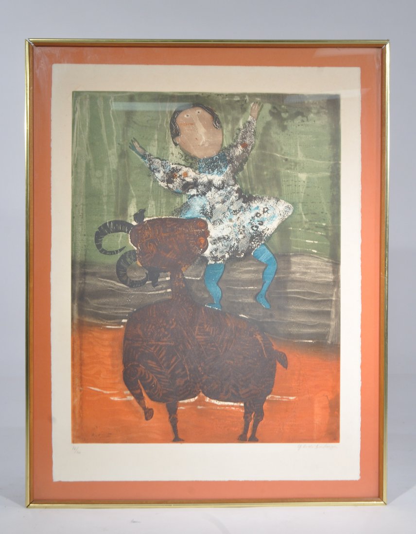 GRACIELA RODO BOULANGER (BOLIVIA 1935 -): Untitled (figure with a goat) Color lithograph,edition 74/100 lower left and signed lower right. Dimensions: Frame H 34" x W 26", sight H 30" x W 22" Condition: good