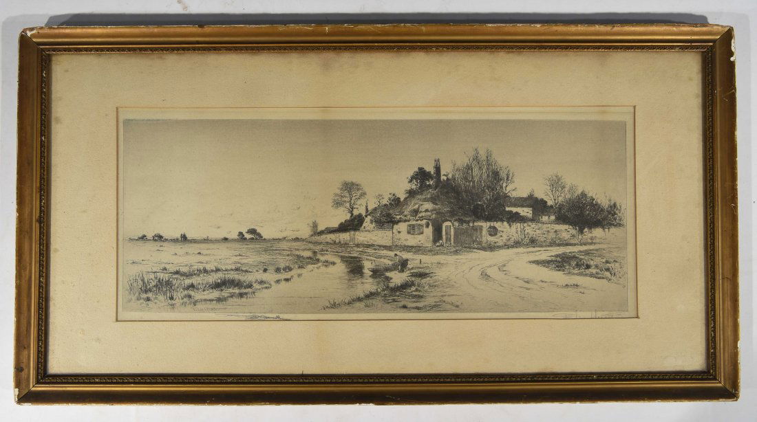 FREDERICK LEO HUNTER (AMERICAN 1858-1943): Untitled (village and stream views) ca.1890.Etching on paper, signed lower right an in the plated lower left with remarque of a fishing pole and basket.Dimensions: Framed H15 3/4" x W 29", sight: H 8