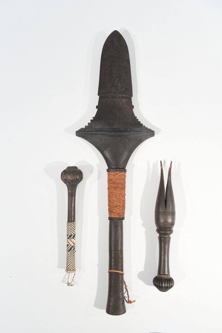 THREE FIJI CANNIBAL CEREMONIAL CLUBS & FORK (1 of 10)