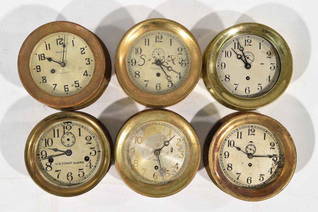 (6) BRASS SHIP'S CLOCKS CHELSEA, SETH THOMAS ETC. (1 of 9)