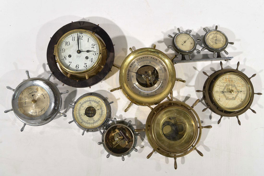 VARIOUS SHIP'S WHEEL BAROMETERS, CLOCKS, ETC. (1 of 10)