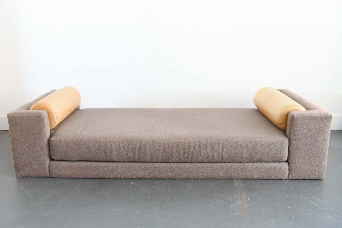 AMERICAN LEATHER EVAN DAYBED: Made in America, fabric with leather bolsters. Dimensions: H 18" x W 80" x D 31" Condition: Nothing to note.
