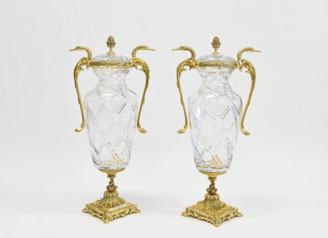 PAIR OF CRYSTAL & ORMOLU COVERED URNS (1 of 8)