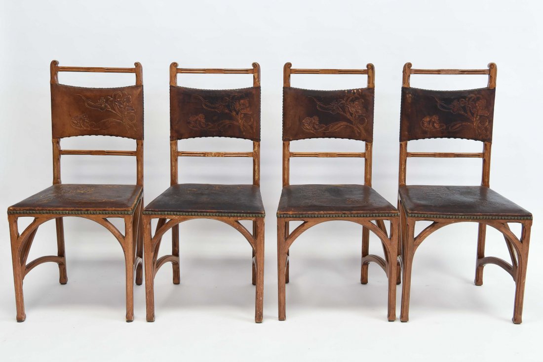 (4) ART NOUVEAU LEATHER & WOOD CHAIRS (1 of 10)