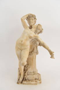 ANTONIO FRILLI (ITALIAN 1880-1920): Untitled (Art Nouveau sculpture depicting Satyr and Bacchante holding a win cup.) Alabaster marble sculpture, signed on the back side to the base. A. FRILLI, MARME, FIRENILIEZ Dimensions:H 23.5" x W 1