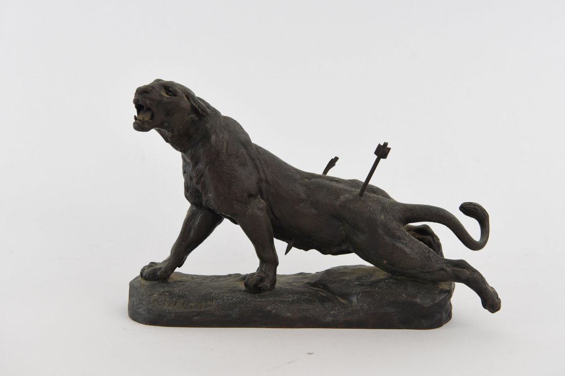 AFTER CHARLES VALTON (1851-1918): Wounded Panther .c.1900/ 1930. European bronze casting , signed on the base C. Injured Panther struck with two arrows, on oblong naturalistic base, mold incised signature, medium Bronze patina and sig