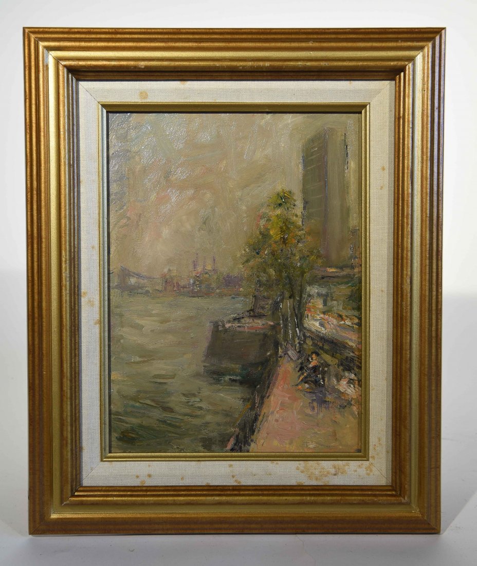 VLADIMIR LEBEDEV (RUSSIAN 1910-1989): Untitled (a view of the United Nations from the East River.) Oil on masonite, unsigned Dimensions: