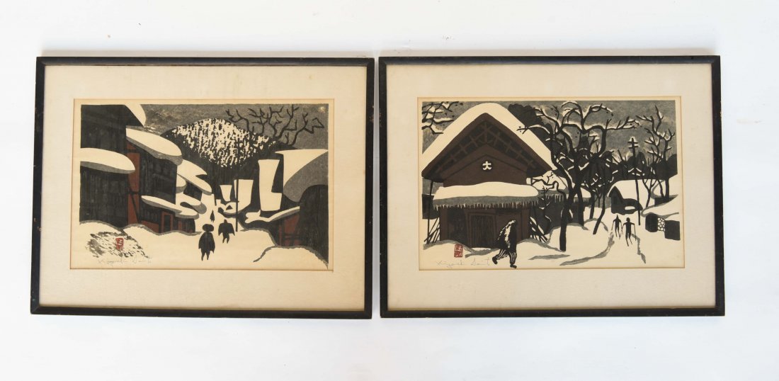 KIYOSHI SAITO (JAPAN 1907-1992): Left side: "Winter At Azu"1968.Right side: MAN IN FRONT OF A STOREHOUSE, Series: WINTER IN AIZU, c. 1941.Color woodblock on paper Dimensions: Frame: L 15.75" x W 20.75" Sight: H 10.25" x W 16"Conditio
