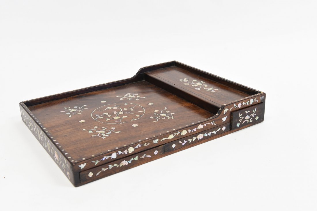CHINESE COMPARTMENTAL INLAID TRAY: Dimensions: H 3" x W 16 x D 20.5" Conditions: Cracks and fading throughout
