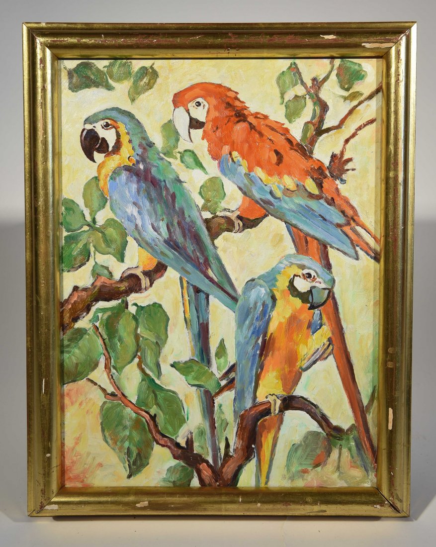 20TH CENTURY ARTIST: Untitled (a group of parrots seating on a tree.) Acrylic on masonite board, unsigned Dimensions: (frame) H 17.75" x W 14"; (sight) H 15" x W 11.25" Condition: Nothing to note.
