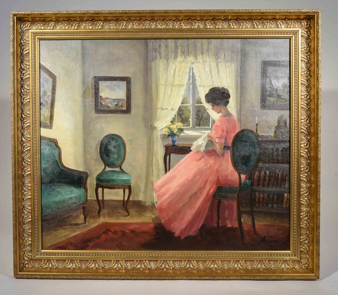 20TH CENTURY ARTIST: Untitled ( lady in a pink dress in her parlor sewing.) Oil on canvas, signed lower right Dimensions: (frame) H 26.25" x W 29.75"; (sight) H 21.25" x W 25" Condition: Nothing to note.
