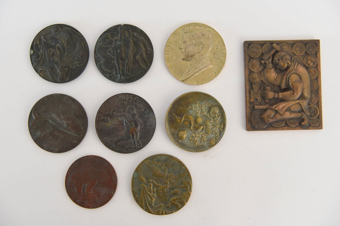 BRONZE MEDALS & PLAQUES: 1. MARCEL JOVINE ( ITALIAN / AMERICAN 1921- 2003) Bronze Medal. "The American Numismatic Society's 1858-1983 -"parva ne pereant", Bronze Plaque, Condition rough patina on one side. 2.GILROY ROBERTS (A