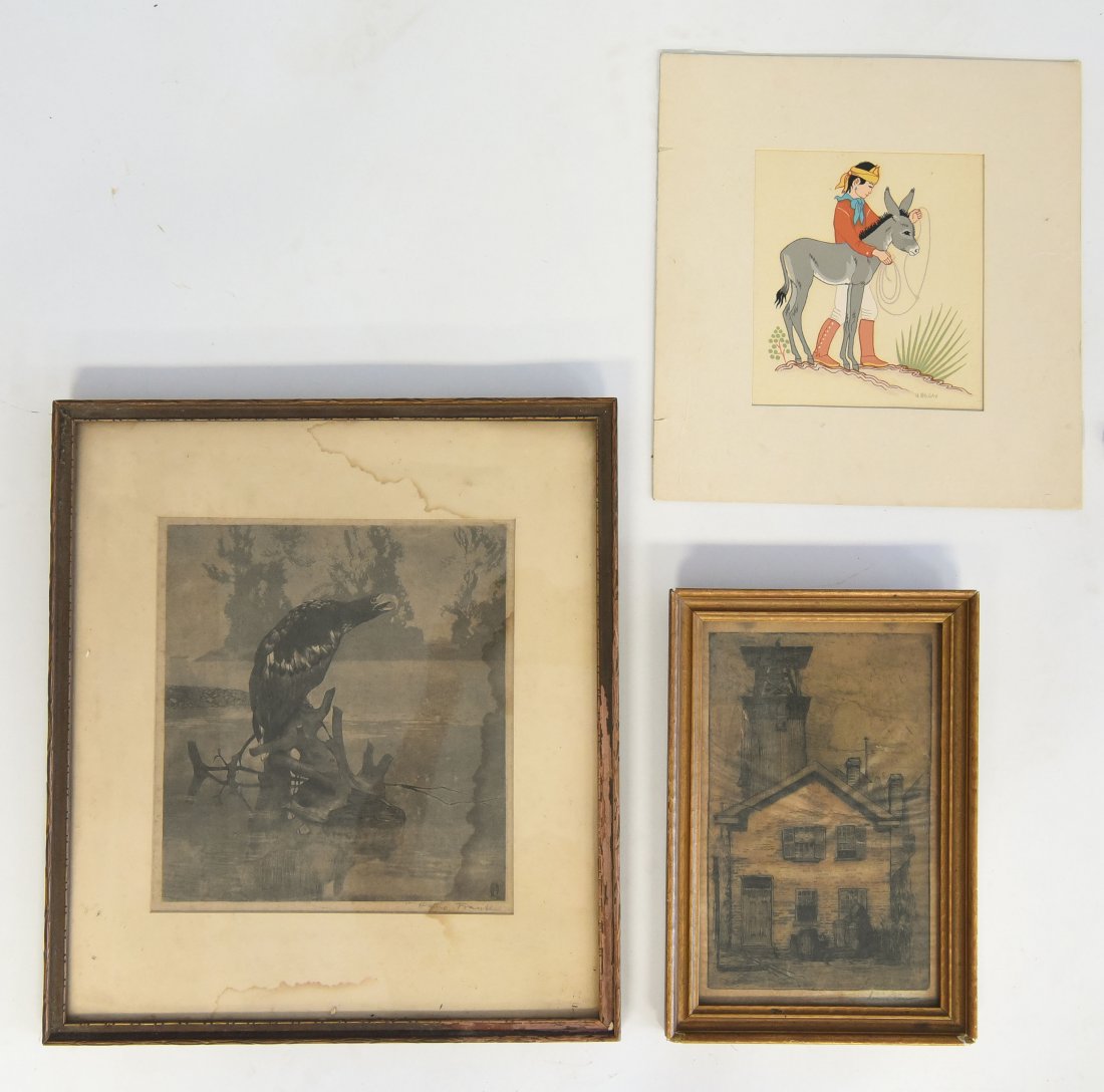 (3) 20TH CENTURY PRINTS: Artist Louis Orr (AMERICAN 1879 -1961) "Old Sisson House and Fire Alarm Tower, Main Street , Hartford, CT". Etching on paper, signed and on the plate and on the verso. Condition: poor, paper has darke