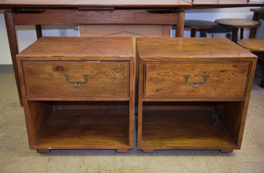 HENREDON NIGHTSTANDS: Dimensions: H 22.75" x W 22" x D 18" Condition: Marks and wear to finish on top of both. Small break in wood to front of one drawer.