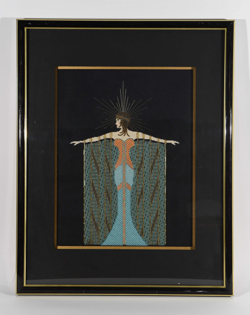 AFTER ERTE EMBROIDERY: Dimensions: H 26.5" x W 21", Sight H 17.5" x W 13.5" Condition: Nothing to note.