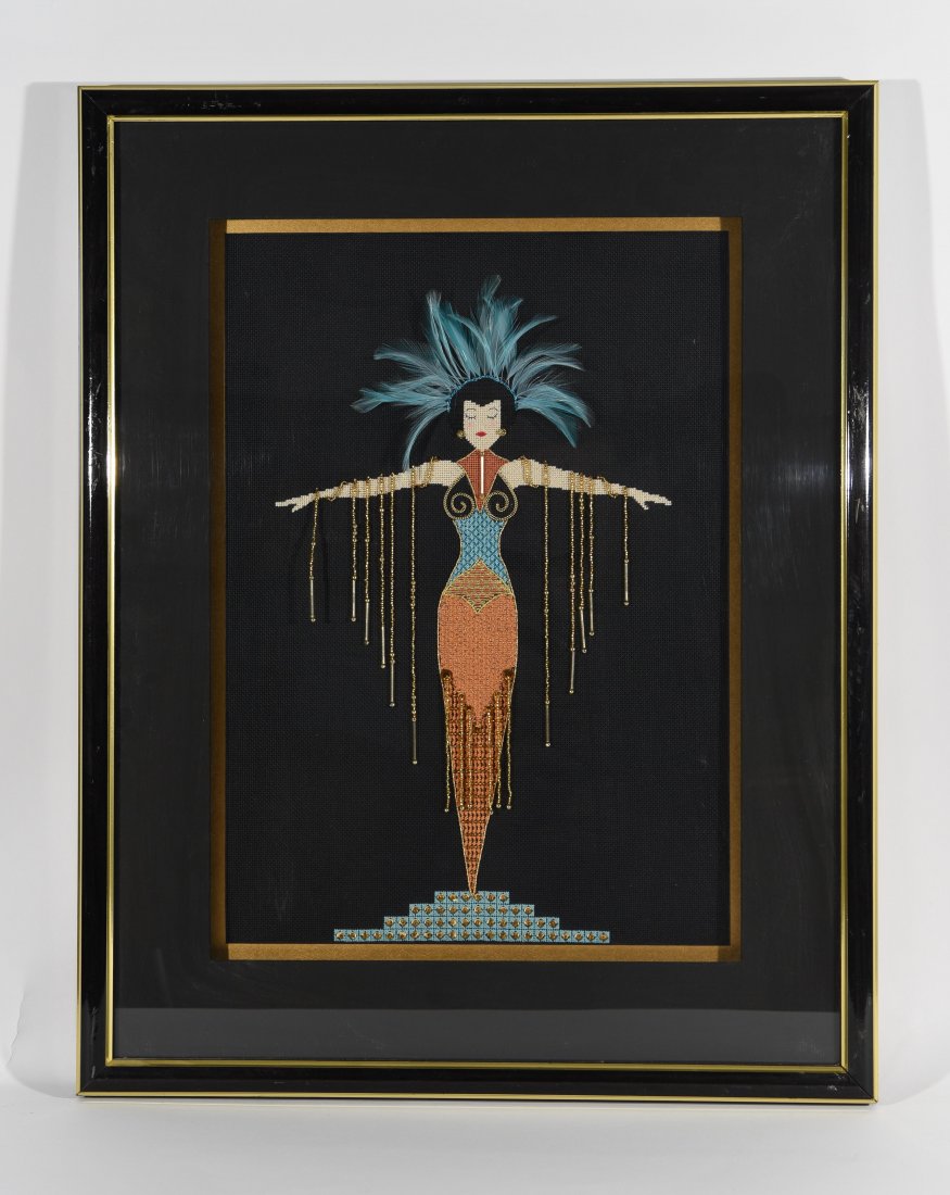 AFTER ERTE EMBROIDERY: Dimensions: H 26.5" x W 21", Sight H 19.25" x W 13.75" Condition: Nothing to note.