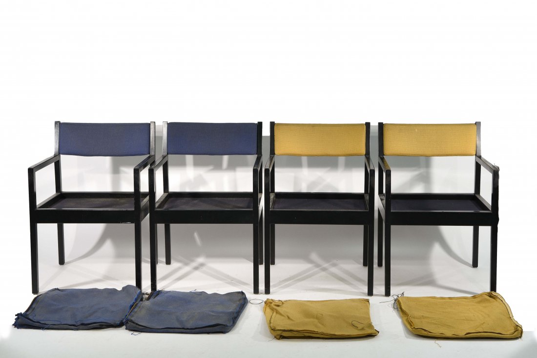 (4) HERMAN MILLER; GEORGE NELSON ARMCHAIRS: Dimensions: H 31.25" x W 21" x D 21" Condition: All four chairs missing seat foam, foam to seat back is hard, marks and wear to wood throughout all four.