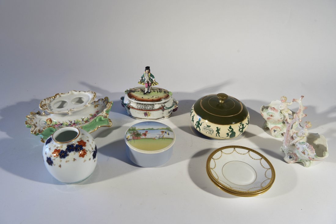 GROUPING OF PORCELAIN: Dimensions: Green D 5.5" x H 4" Condition: Some wear to gold paint on some pieces. Box with man standing on lid has a small chip to the inside rim. Markings include 5996 Germany, Patent number 15259, 