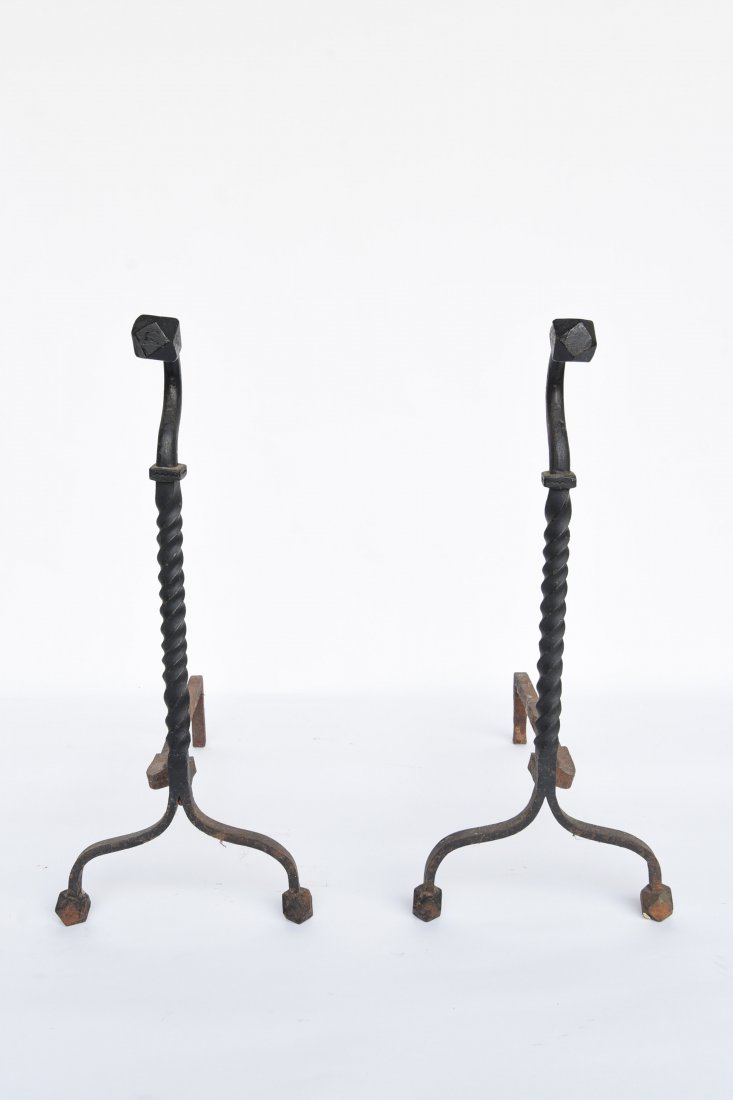 ANDIRONS: Dimensions: H 24.5" x W 11" x D 22" Condition: Rust and surface dirt