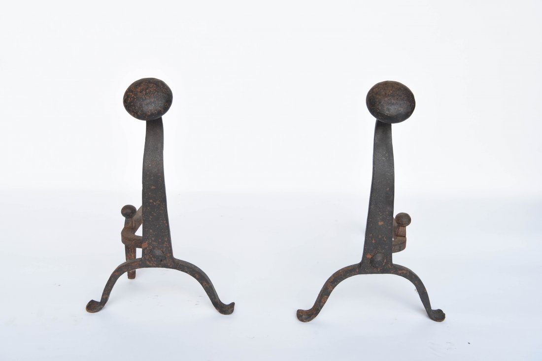 ANDIRONS: Dimensions: H 18" x W 11" x D 17" Condition: Rust and surface dirt