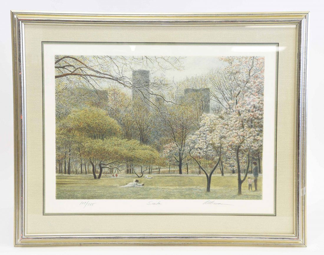 HAROLD ALTMAN (AMERICAN 1924-2003): "Siesta", 1989 Color lithograph, with a raised seal, edition 107/285, titled and signed . Dimensions: (frame) H 26" x W 33"; (sight) H 18 .5" x W 25" Condition: Nothing to note.