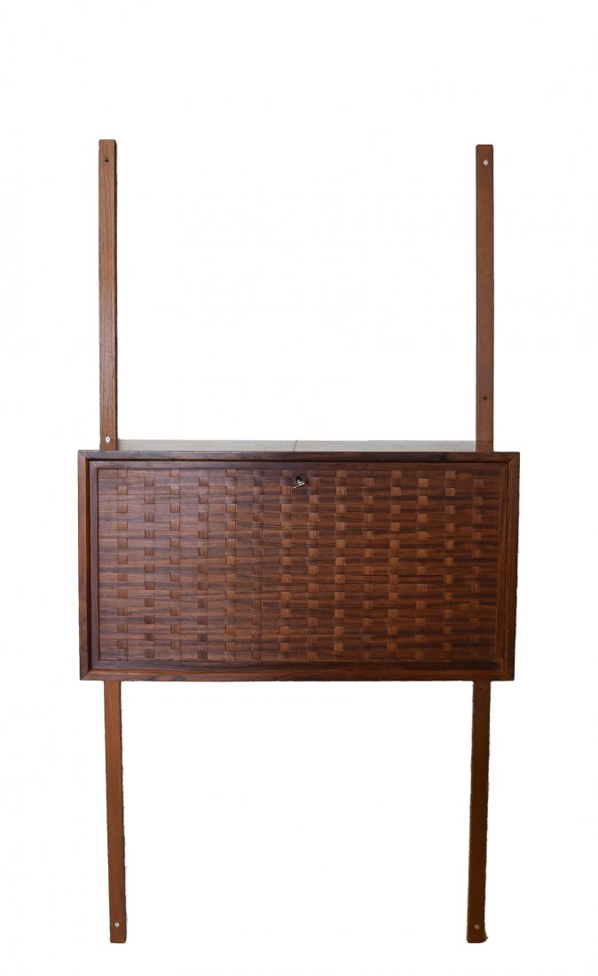 CADO WALL UNIT: Includes two 69" wall support pieces, and one hanging cabinet with keyDimensions: Cabinet H 16.5 x W 31.5" x D 15"Condition: Cabinet missing rear wooden panel