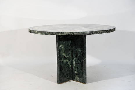 MARCELLO MIONI TABLE: Marcello Mioni, small dining or breakfast table, Italy, 1990s, inlaid marble and brass, unsigned, commission from the artist. Description: H 30.5" x D 49"; Condition: Very few light scratches to surfa