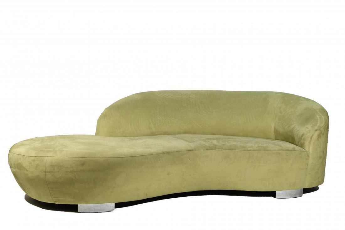 VLADIMIR KAGAN CLOUD SOFA FOR WEIMEN IN GREEN: Dimensions: H 30" x W 96" x D 43"; Condition: A couple tiny stains.