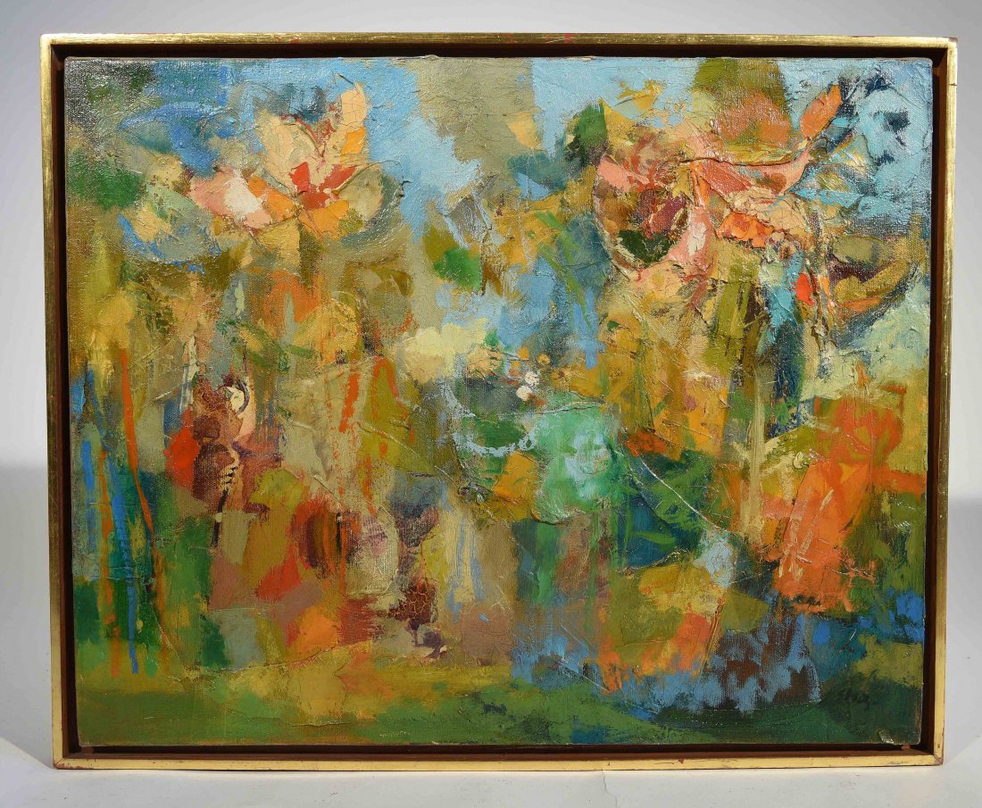 SEONY MOY (CHINESE/AMERICAN 1921-2013) O/C: "Summer Garden", 1959 Oil on canvas, signed both lower right and dated and label on the verso. Dimensions: framed H 17.25" x W 21", sight H 16" x W 20", Condition: Nothing to note. NOTE: ''Seong Moy w