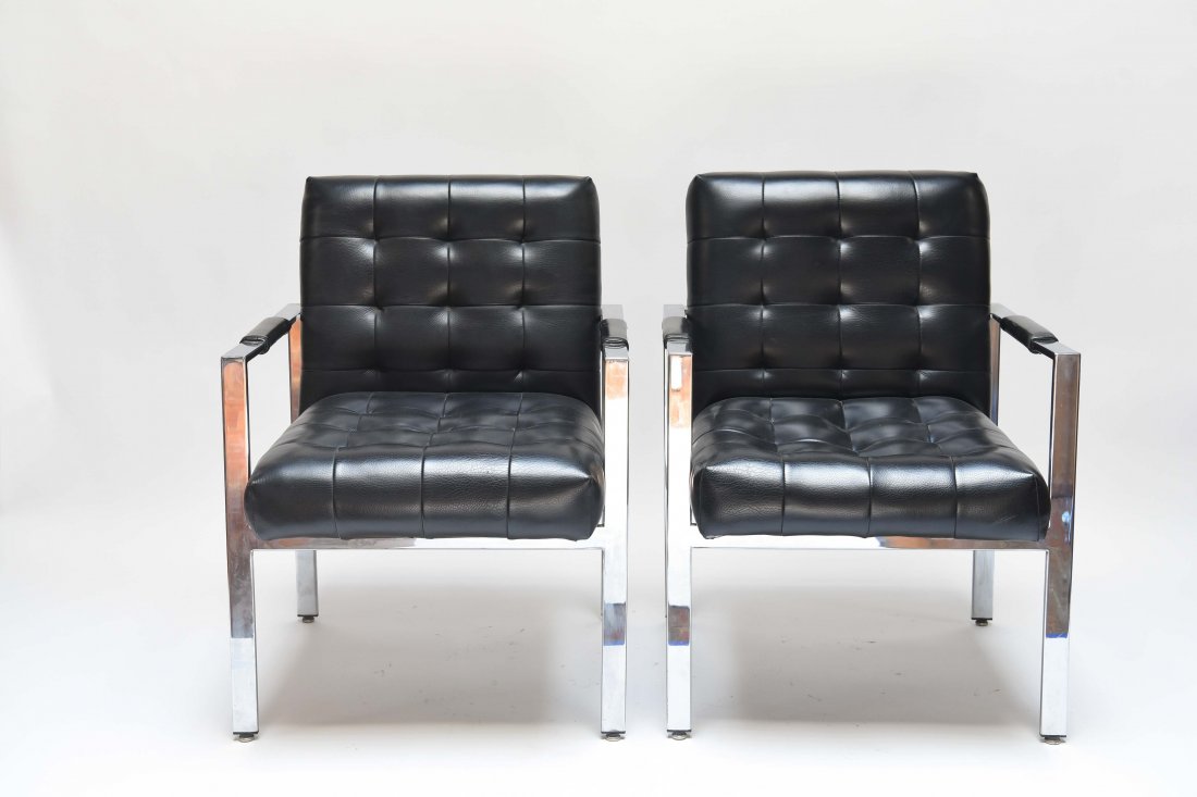 MILO BAUGHMAN; THAYER COGGIN ARM CHAIRS: Milo Baughman. Chrome and leather. Dimensions: H 33" x W24" x D 26" Condition: Nothing to note