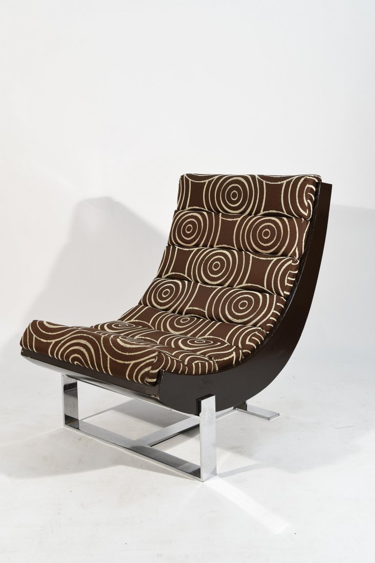 1970S LOUNGE CHAIR: Dimensions: H 35" x W 27" x D 35" Condition: 2" x 5" repair to lower front left corner. Glue running down a bit from repair. Several chips to paint finish.