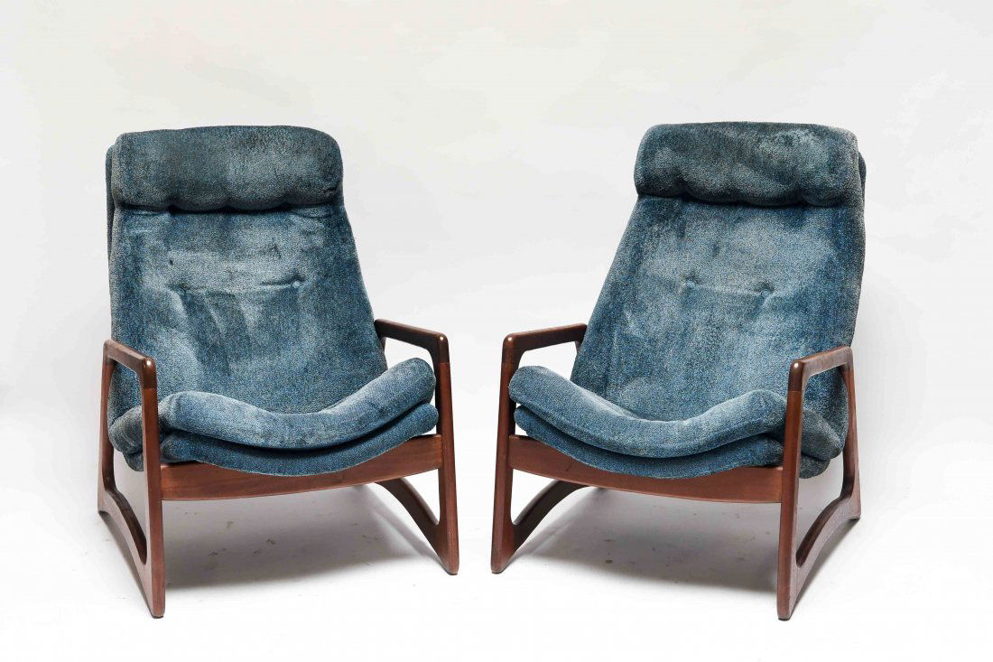 PAIR OF ADRIAN PEARSALL LOUNGE CHAIRS: Dimensions: H 37" x W 27" x D 37" Condition: Slight discoloration to fabric