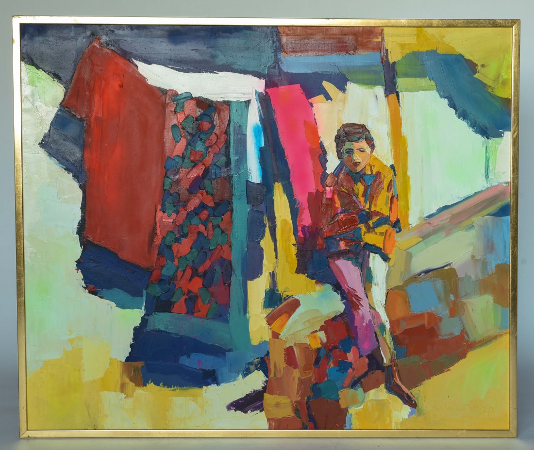 EDITH GOLDMAN (AMERICAN 1918-2016): Untitled (girl seating looking up.) Oil on canvas,signed lower right. Dimensions : Frame H 41" x W 49",Sight H 39.5" x W 47.5" Condition : Marks to frame