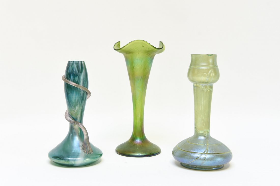 THREE ART GLASS VASES ATTR. LOETZ ETC (1 of 10)