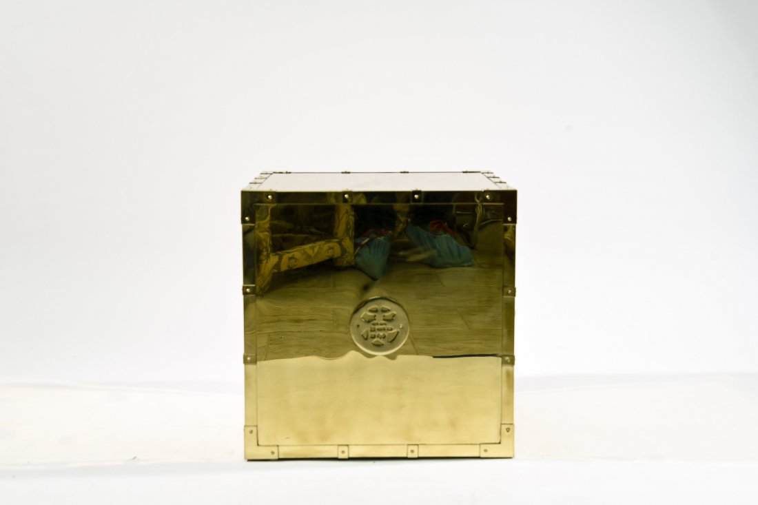 SARREID BRASS CUBE TABLE: With brass label under Dimensions: H 16" x W 16" x D 16" Condition: A few dings, light scratches, and scuffs.