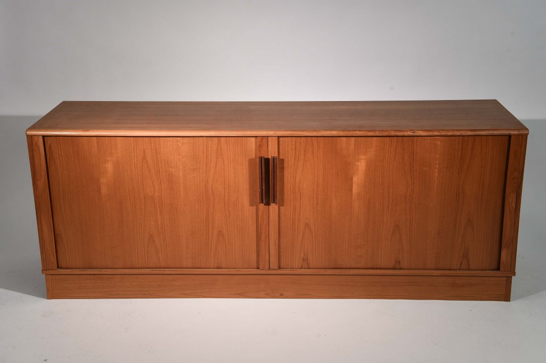 DANISH MODERN CREDENZA W/ TAMBOR DOORS: Dimensions: H 27" x W 71" x D 19". Condition: Base trim a little loose. Filled chip middle front surface.