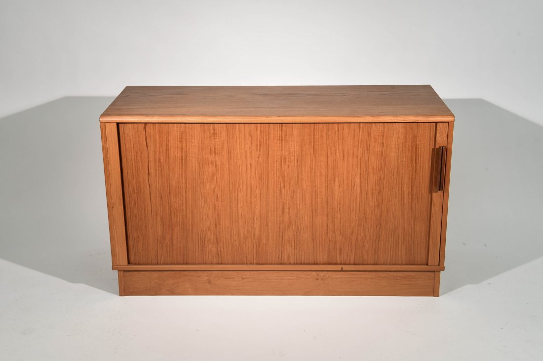 DANISH MODERN CREDENZA W/ TAMBOR DOORS: Dimensions: H 27" x W 47" x D 19" Condition: Very few light scratches to surface. A few light scratches to interior drawer faces.