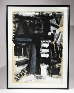 JOHN HARRISON LEVEE (AMERICAN 1924- , ABSTRACT W/P: Untitled (abstract in black and white.)1954 Ink and gouache on paper, signed upper left side. Dimensions: Framed H 48" x W 36", sight H41" x W 29" Condition: No issues to note.