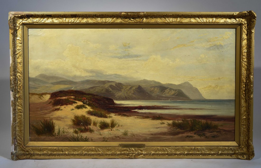 HATTY WATSON RWS (BRITISH 1871-1936), O/C: "Beach at Linlenariptor". Oil on canvas, signed lower center Dimensions: framed H 24.75" x W 41", sight H 19.5" x W 35.75" Condition: Surface dirt and some lost to the frame.