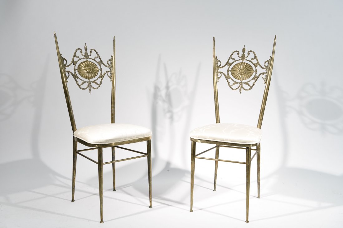(2) PAIR OF ITALIAN "CHIAVARA" CHAIRS: Dimensions: H 39" x W 15.5" x D 16"; Condition: Some finish wear and light patina to back rest. Few very small stains on one cushion.