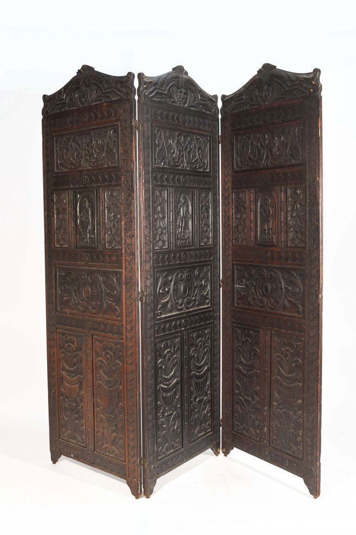 19TH C. CARVED THREE PANEL SCREEN (1 of 9)